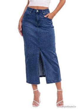 Long Denim Skirt High Rise Wide Leg Button Closure Flat Front